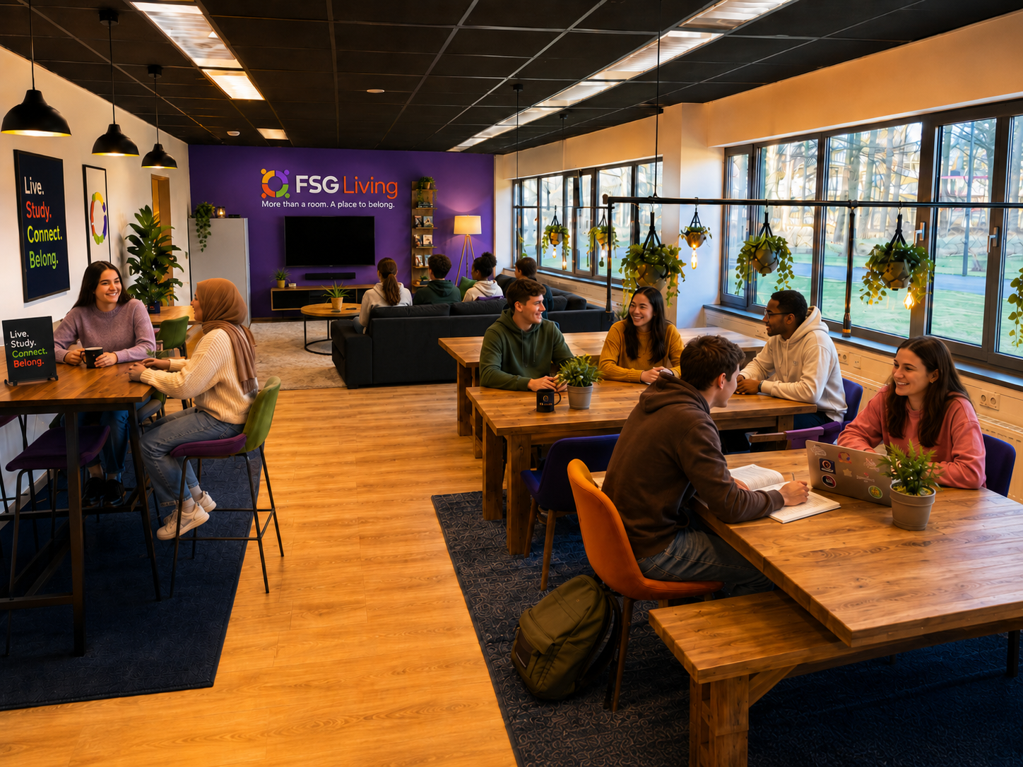 Bewoners in een levendige coworkingruimte van FSG Living